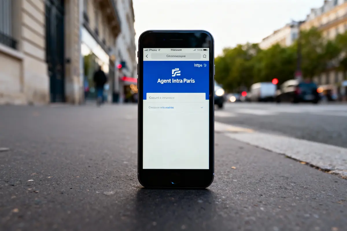 Smartphone affichant l'application "Agent Intra Paris" posé sur un trottoir parisien, avec des immeubles et voitures.