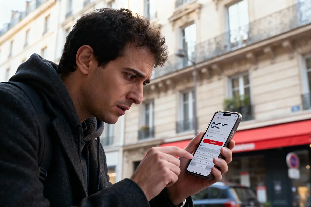 Homme concentré utilisant son smartphone dans une rue urbaine, près de bâtiments anciens.