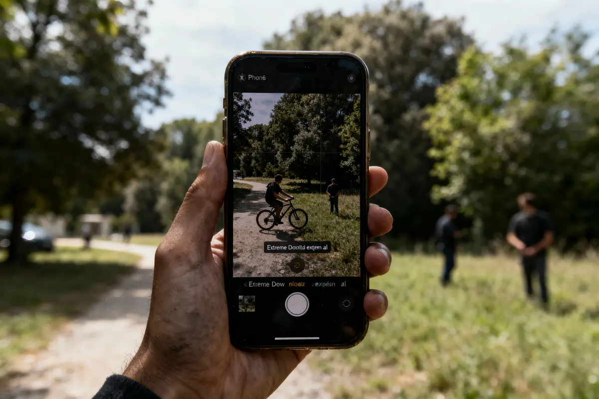 Main tenant un téléphone photographiant cycliste dans un parc verdoyant avec arbres et personnes en arrière-plan floues.