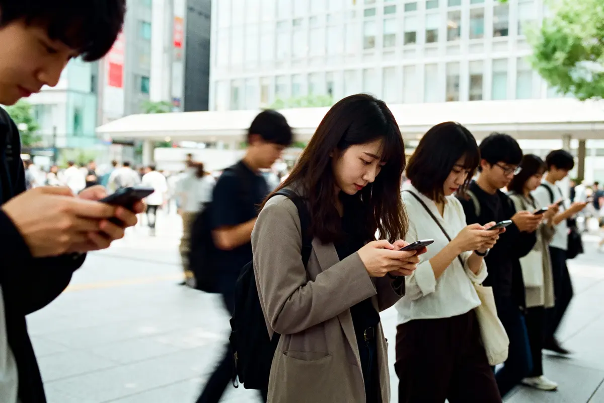 Des personnes utilisent leurs téléphones en marchant dans une rue animée d'une ville moderne.