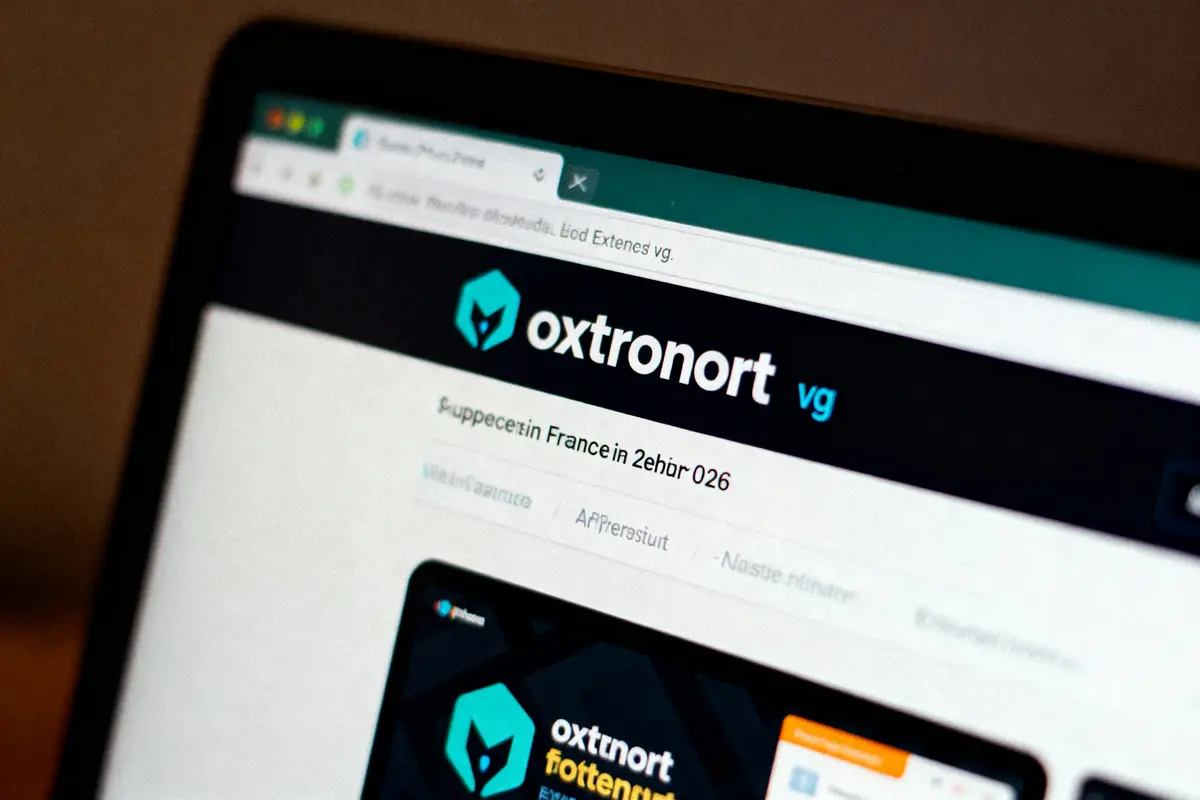 Écran d’ordinateur affichant le site Web "oxtronort", avec logo bleu et texte flou.