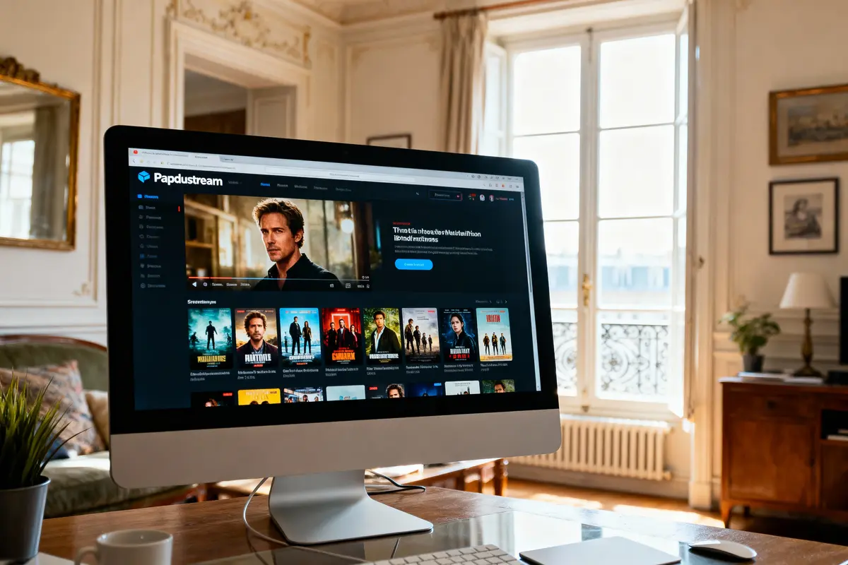 Ordinateur affichant un site web de streaming vidéo dans un salon lumineux et élégant.
