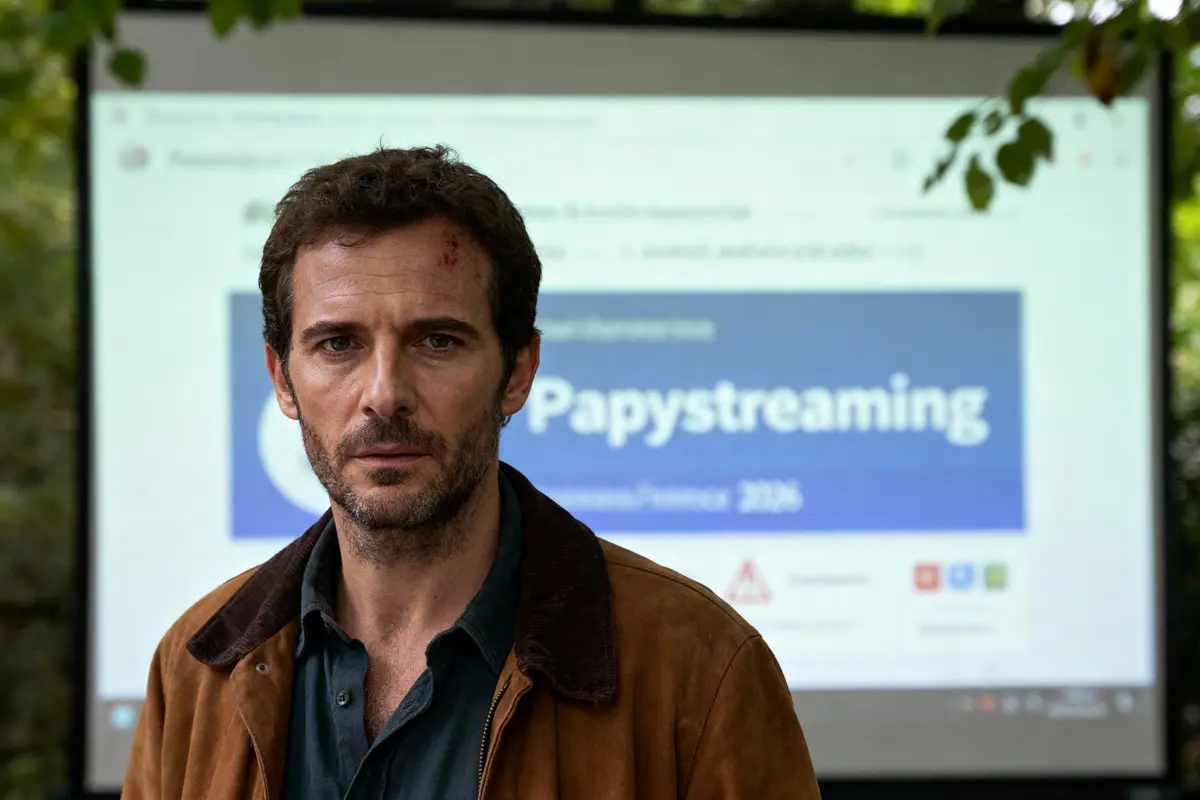 Homme devant écran de projection, affichage "Papystreaming", extérieur, feuilles d'arbre en haut à droite.