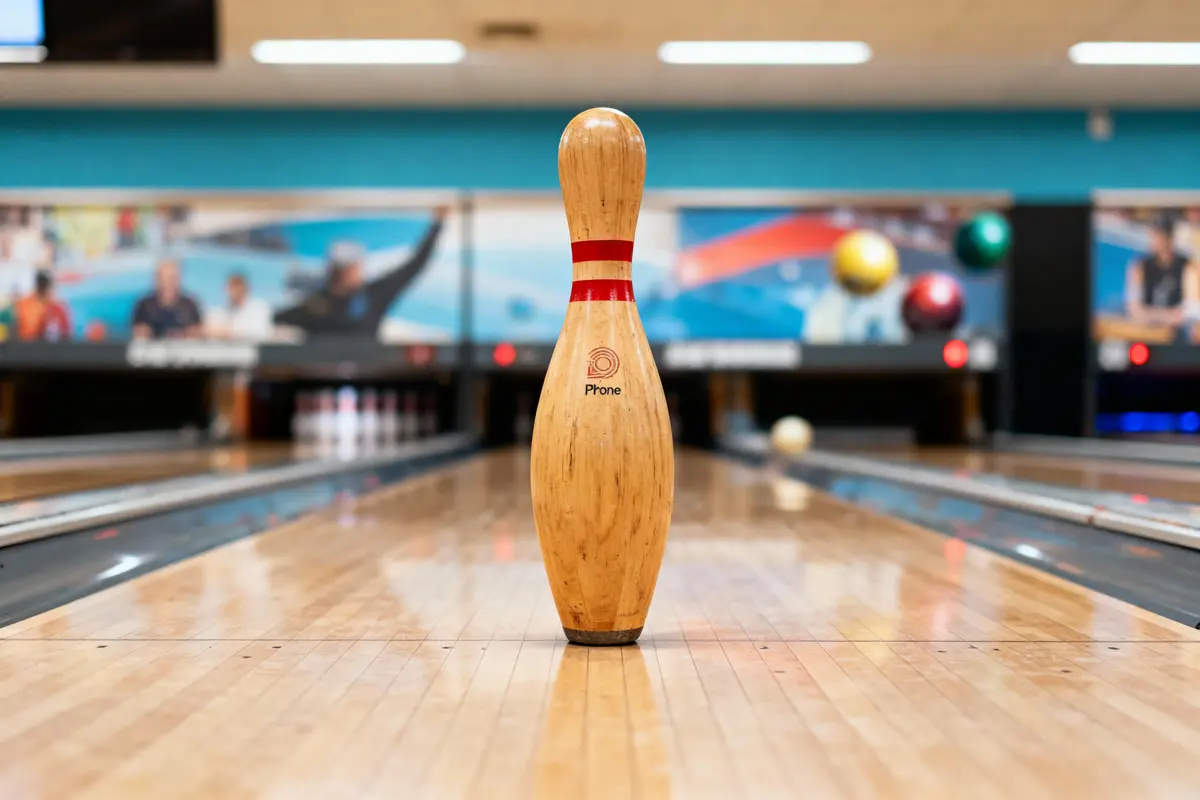 Quille de bowling en bois avec ligne rouge, sur piste, avec arrière-plan flou de bowling.