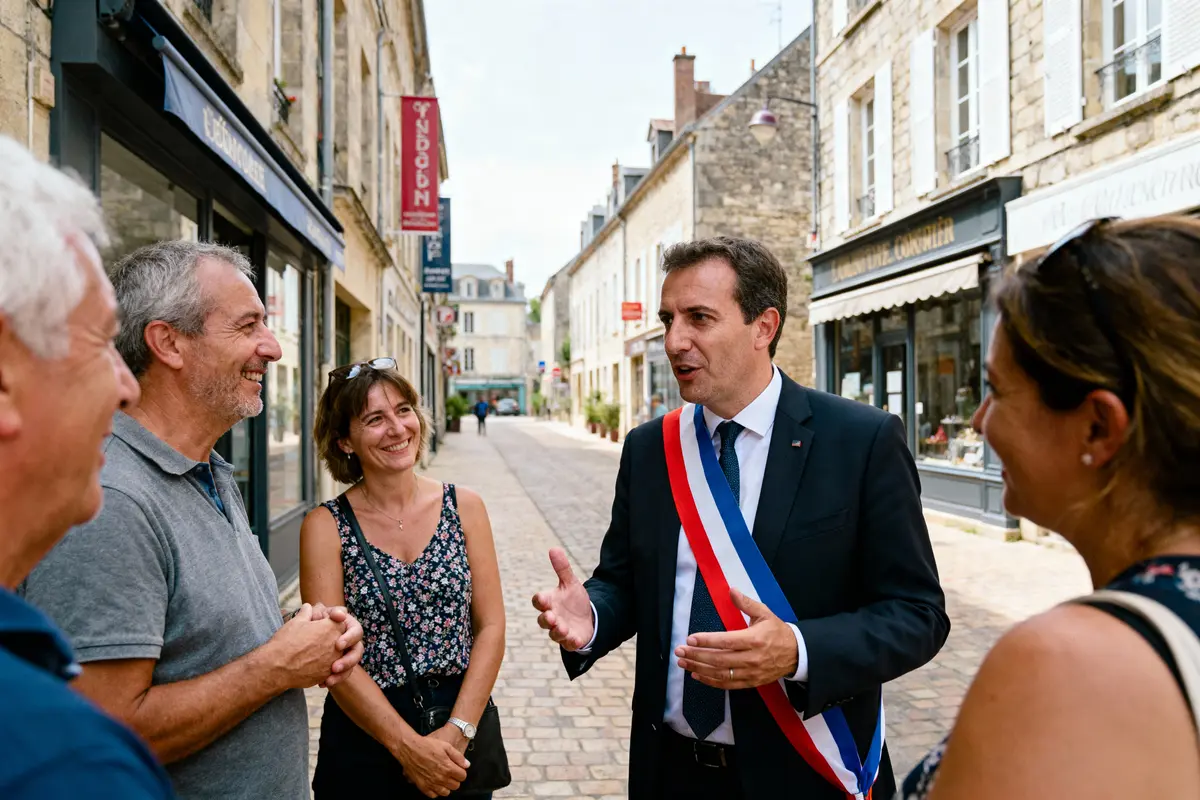 Un homme en écharpe tricolore discute avec quatre personnes souriantes dans une rue pavée.