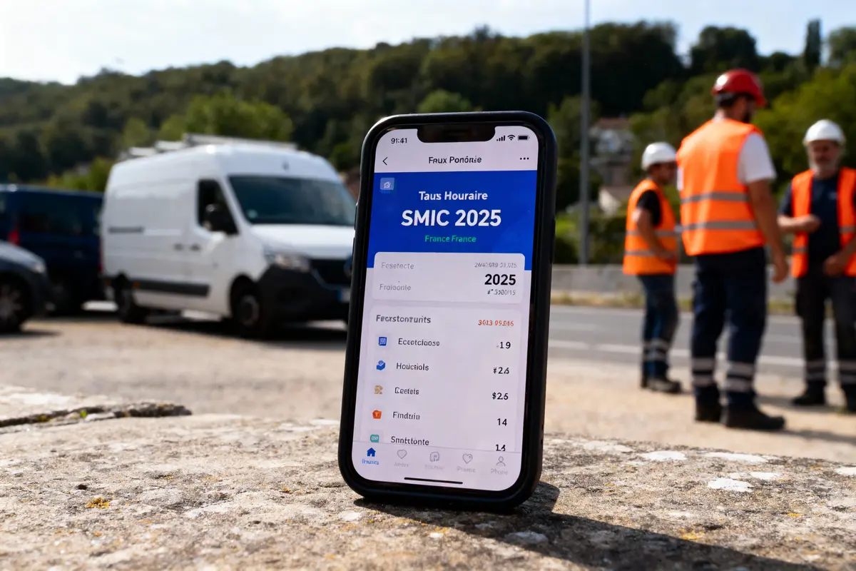 Téléphone avec application SMIC 2025, ouvriers en gilets orange et fourgons blancs en arrière-plan.
