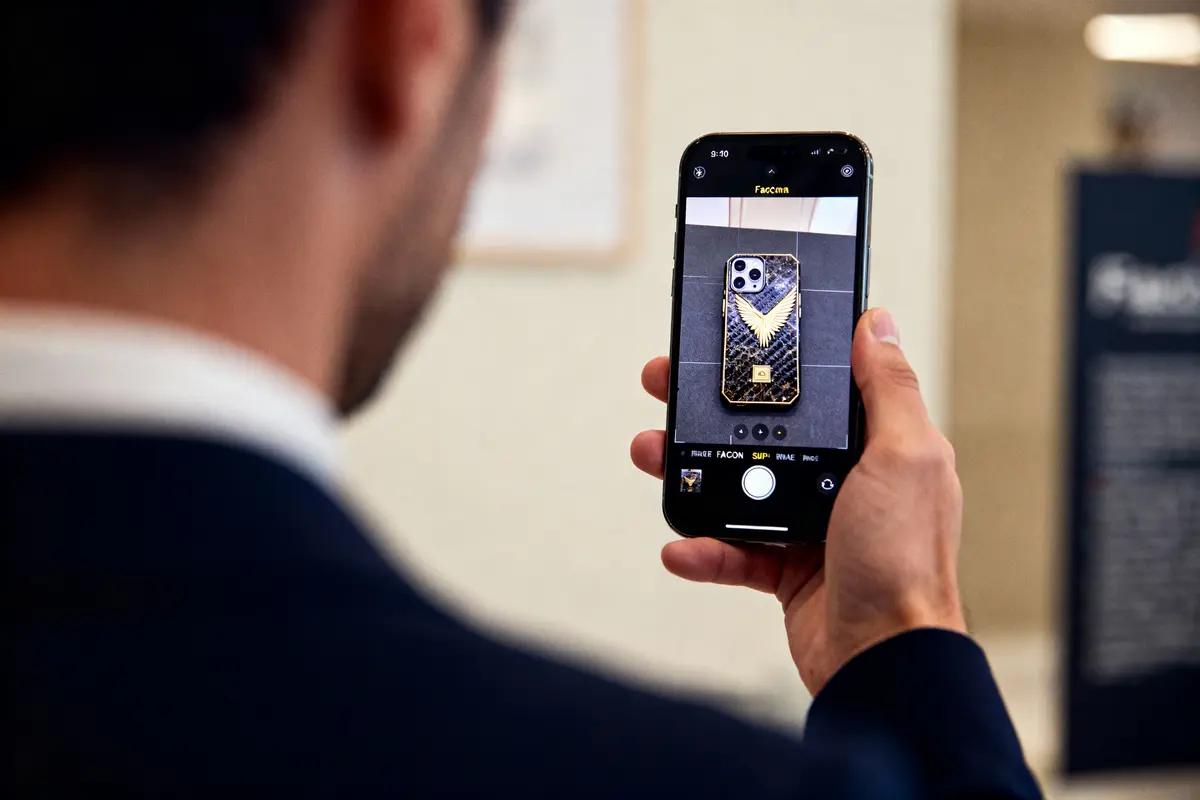 Homme prend photo d'un smartphone avec coque noire motif aigle doré, vue de dos.