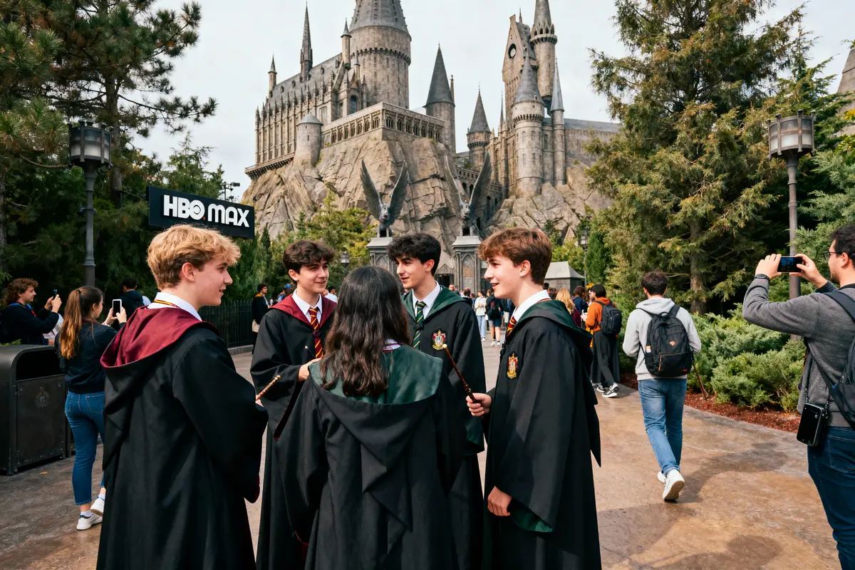Personnes en costumes de sorciers discutant devant un château médiéval, enseigne "HBO Max" visible à gauche.