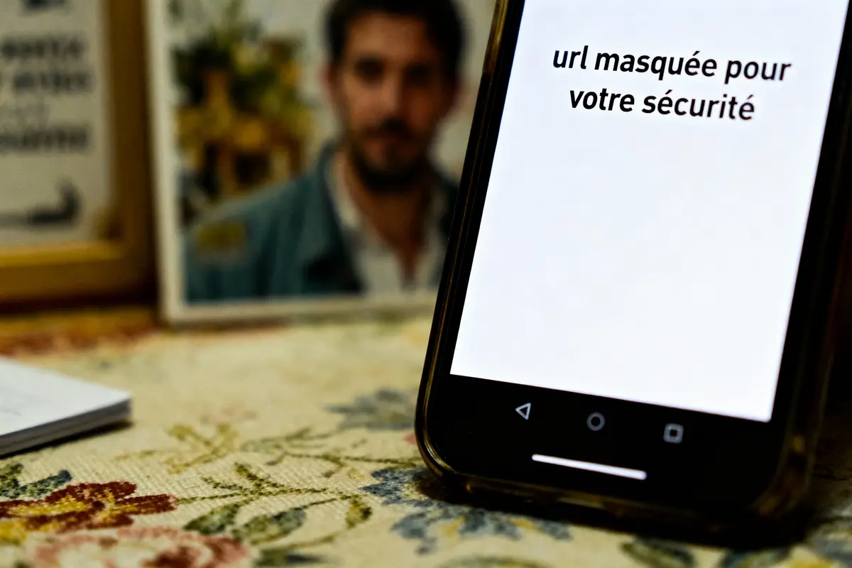 Smartphone affichant "url masquée pour votre sécurité", posé sur une surface fleurie avec une photo en arrière-plan.