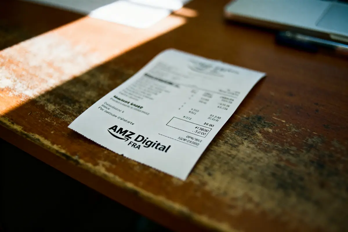 Reçu papier AMZ Digital FRA posé sur une table en bois, éclairage naturel.