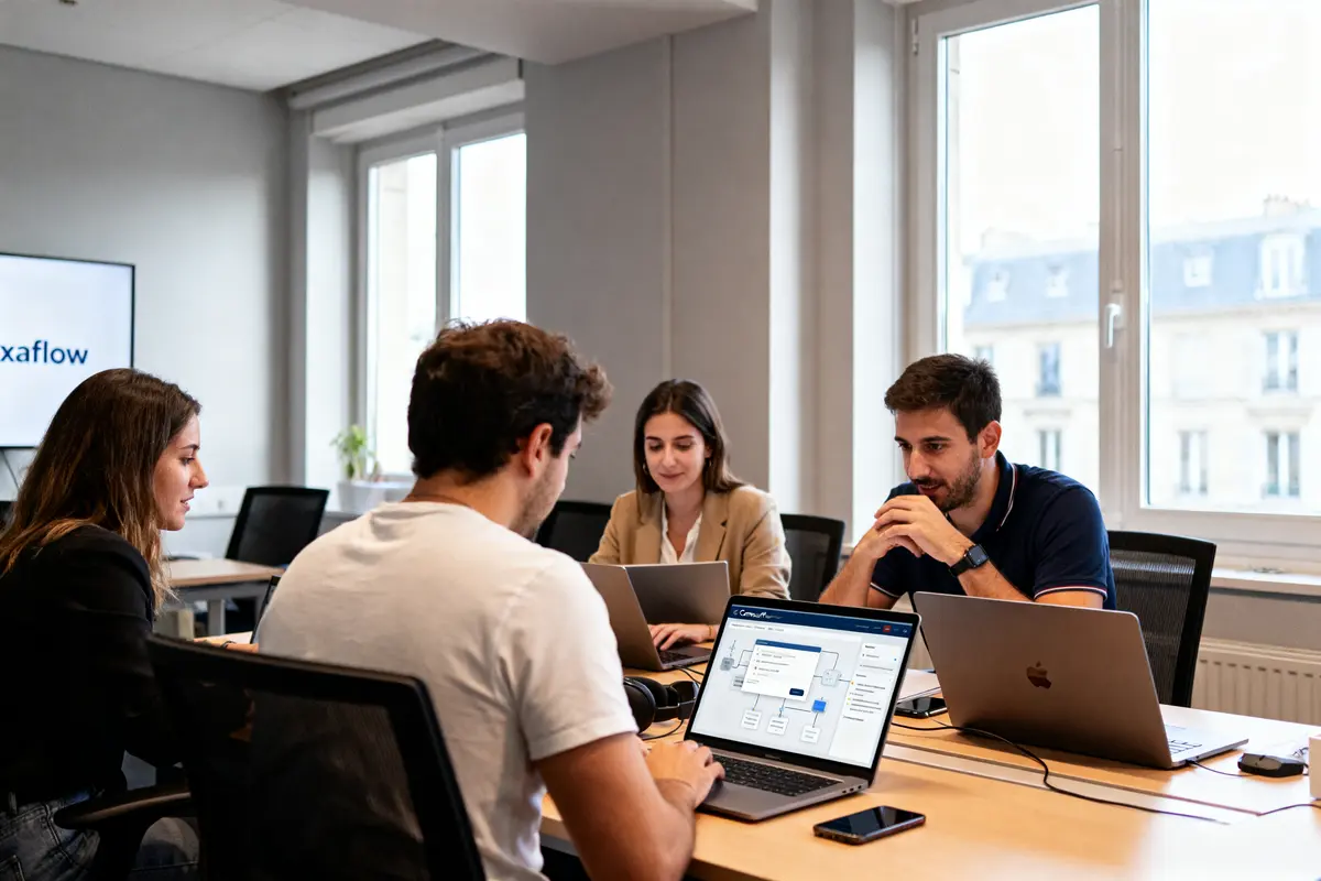 Quatre personnes discutent autour d'une table avec des ordinateurs portables, dans un bureau lumineux.