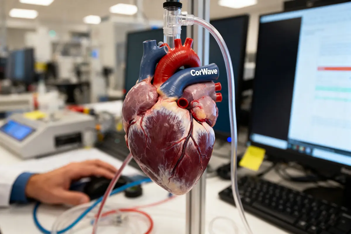 Cœur artificiel suspendu sur un support dans un laboratoire, avec écrans d'ordinateur en arrière-plan.