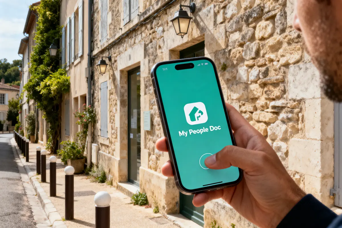 Personne tenant un smartphone avec application "My People Doc" dans une rue pavée bordée de bâtiments en pierre.