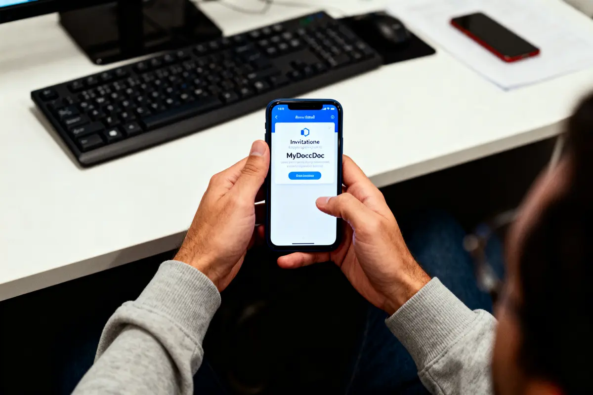 Une personne tient un smartphone affichant une invitation, devant un clavier d'ordinateur et un bureau.
