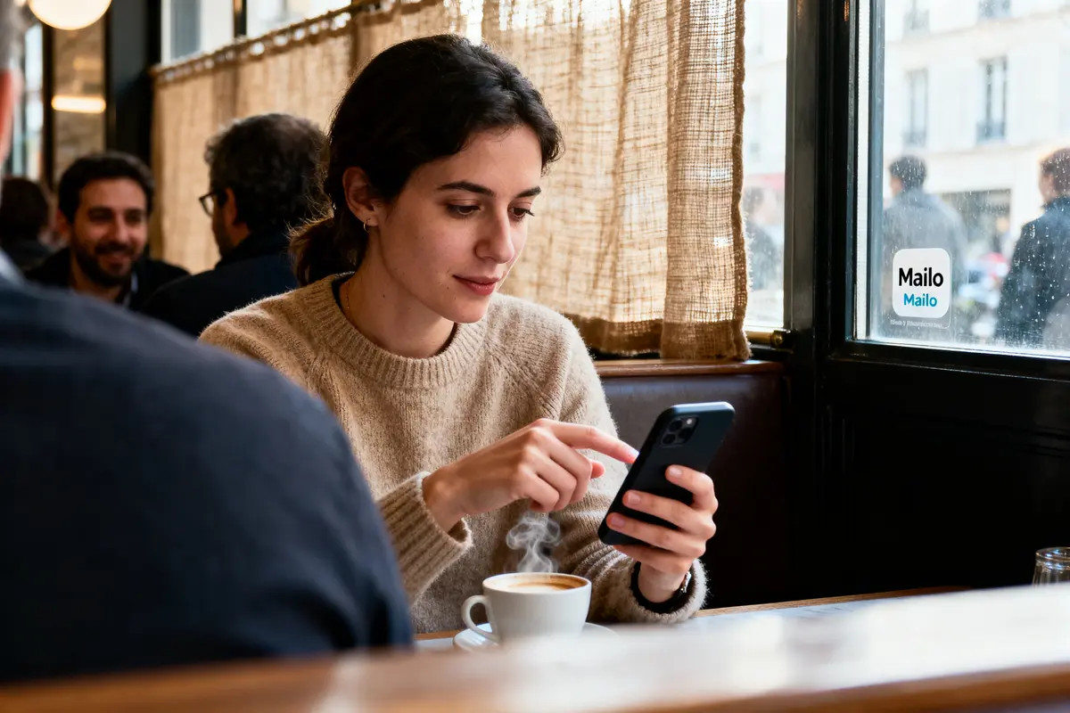 Une femme utilise son téléphone dans un café, tasse de café fumante devant elle.