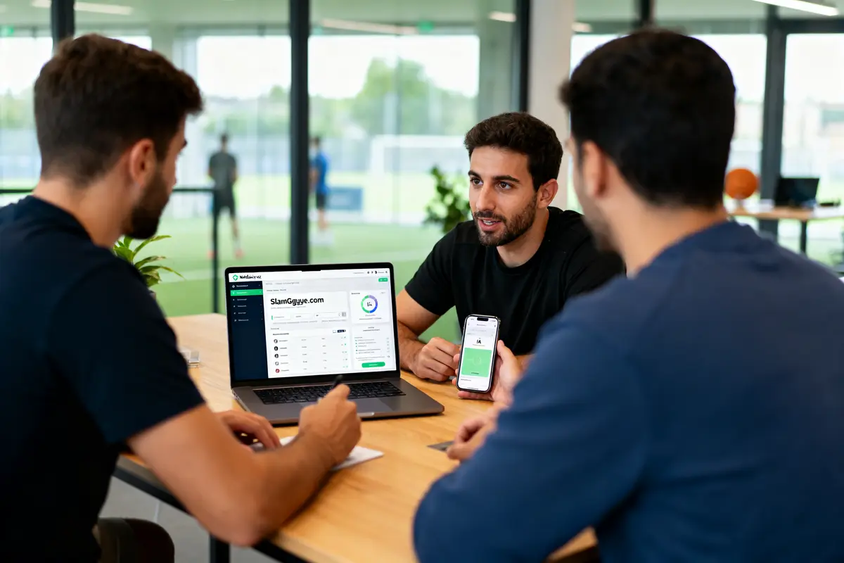 Trois hommes discutent autour d'une table, utilisant ordinateur portable et téléphone dans un environnement moderne et lumineux.