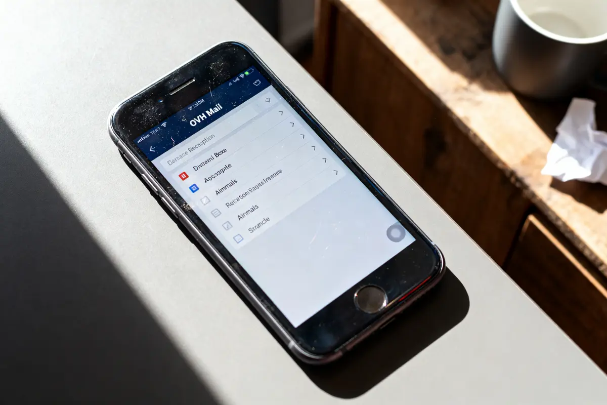 Smartphone affichant l'application OVH Mail, posé sur une table éclairée par la lumière du soleil, tasse en arrière-plan.