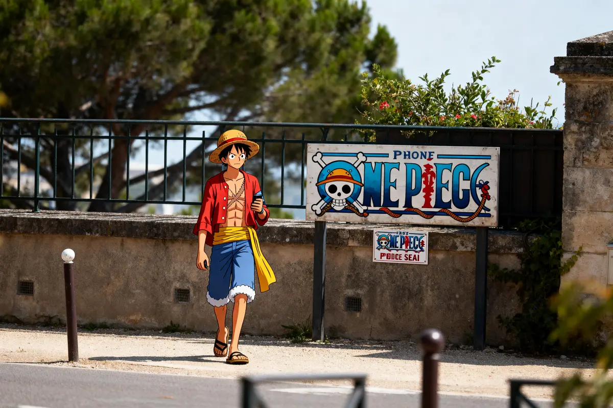 Personnage animé One Piece marchant près d'un panneau décoratif extérieur avec logo coloré et végétation.