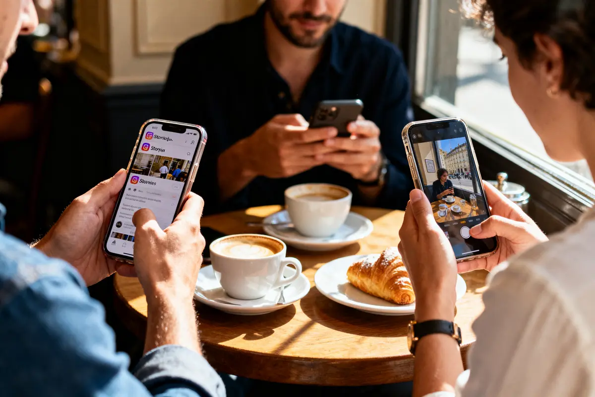 Trois personnes dans un café, utilisant des smartphones près de boissons et d'un croissant.