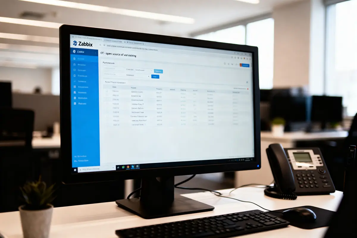 Écran d'ordinateur affichant le logiciel Zabbix dans un bureau, téléphone fixe à côté.