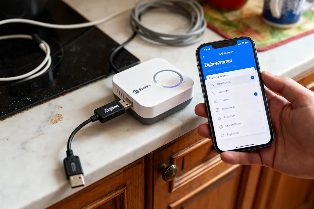 Main tenant un smartphone près d'un boîtier connecté ZigBee sur un comptoir de cuisine.
