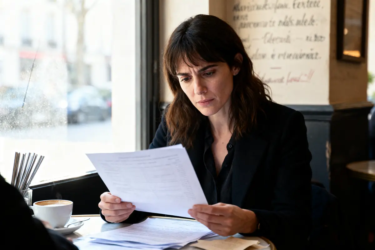 Une femme concentrée lit des documents dans un café, avec une tasse de café à côté.