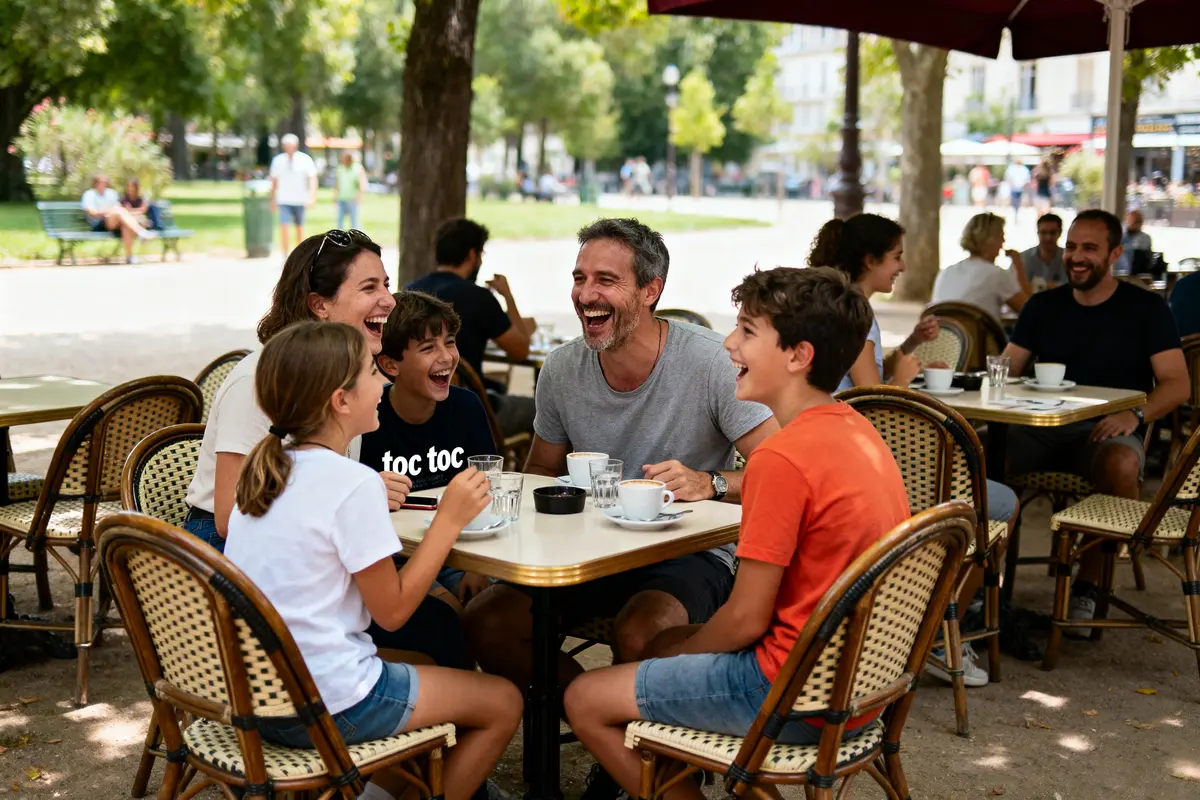Groupe de personnes souriantes partageant un moment convivial à une terrasse de café en plein air, journée ensoleillée.