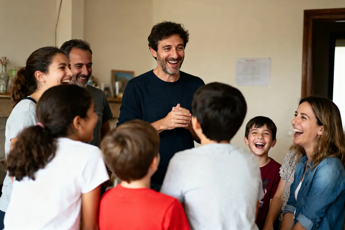 Groupe de personnes, adultes et enfants, riant ensemble dans une pièce chaleureuse.