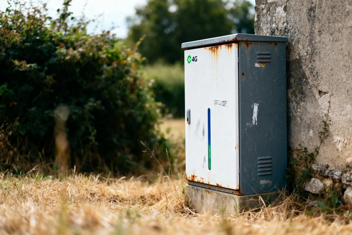 Boîtier électrique 4G extérieur, légèrement rouillé, contre un mur béton, herbes sèches environnantes, végétation floue en arrière-plan.