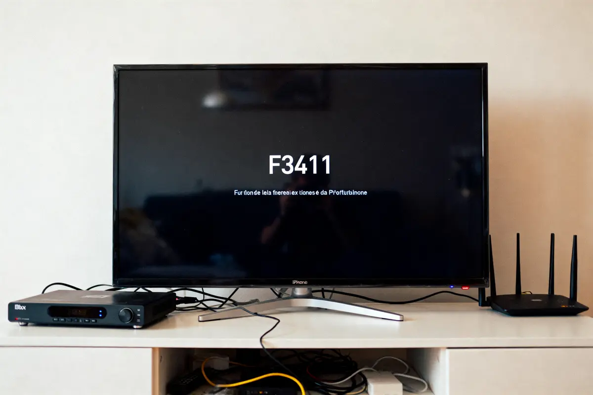 Télévision affichant code erreur F3411, décodeur Bbox et routeur Wi-Fi sur un meuble blanc.