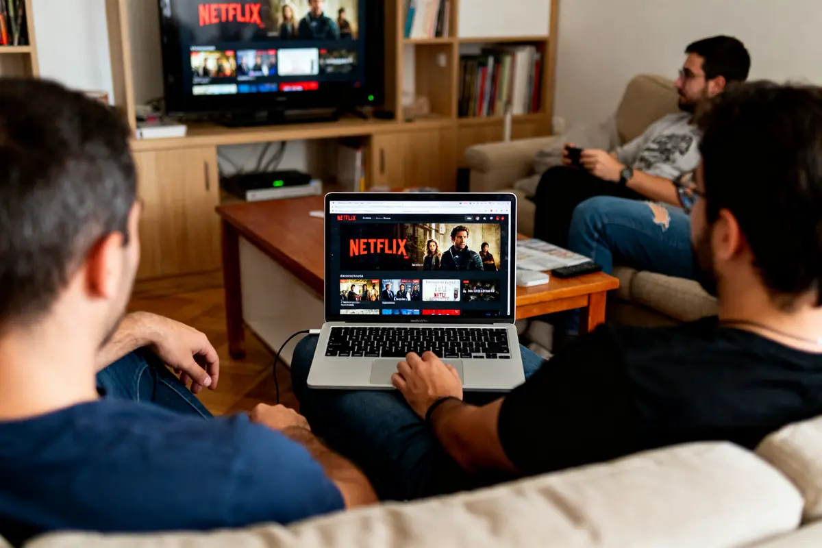 Trois personnes regardent Netflix sur ordinateur portable et télévision dans un salon confortablement aménagé.