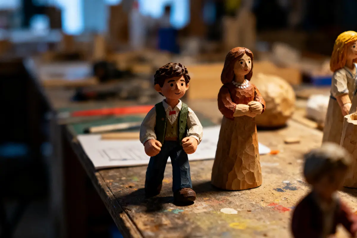Figurines en bois peintes, homme et femme, sur une table d'atelier encombrée. Arrière-plan flou.