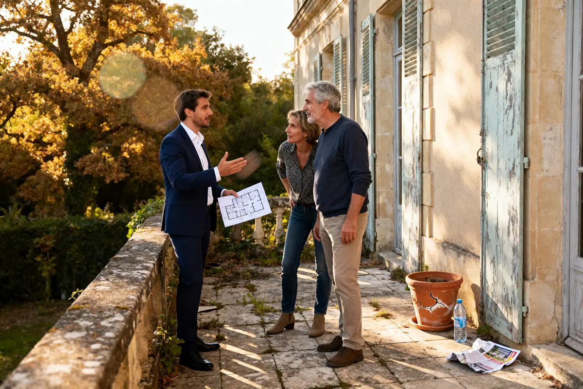 Agent immobilier discutant plans maison avec couple sur terrasse ensoleillée, arbres et architecture en arrière-plan.