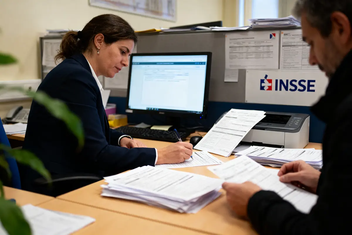 Une femme travaillant à un bureau avec des documents et un ordinateur. Bureau INSEE visible.