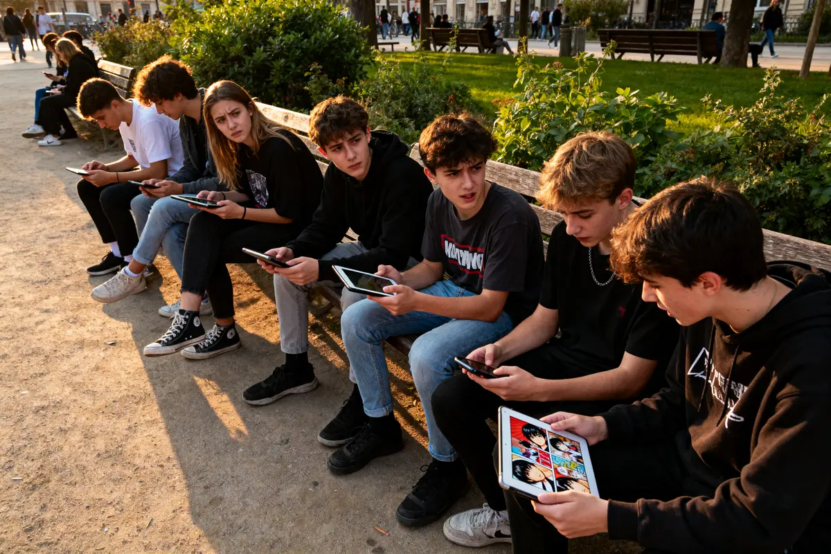 Groupe de jeunes assis sur un banc, utilisant des tablettes et smartphones, en plein air.