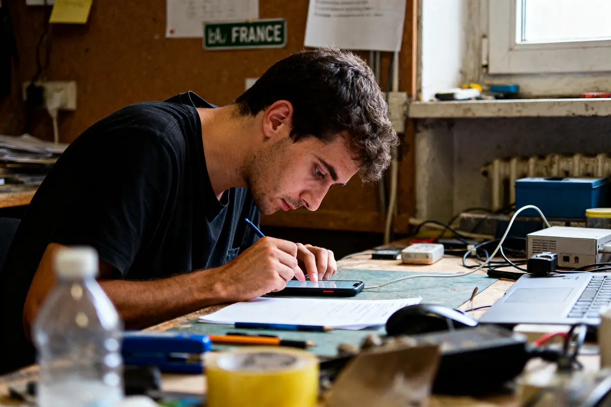 Un homme concentré écrit sur un bureau désordonné, avec ordinateur et smartphone proches.