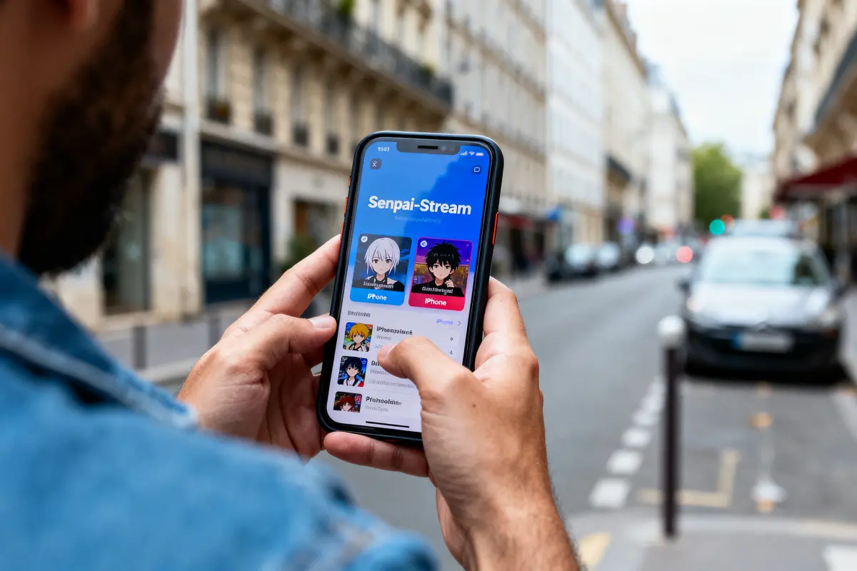 Personne utilisant une application de streaming anime sur smartphone dans une rue de ville.
