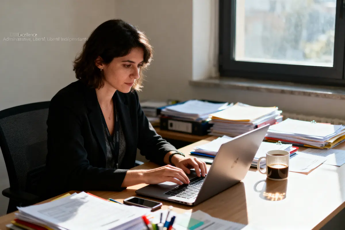 Femme travaillant sur un ordinateur portable dans un bureau ensoleillé, entourée de dossiers et d'une tasse de café.