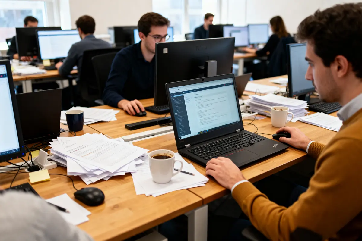 Personnes travaillant à des ordinateurs dans un bureau, avec des papiers et des tasses de café sur les tables.