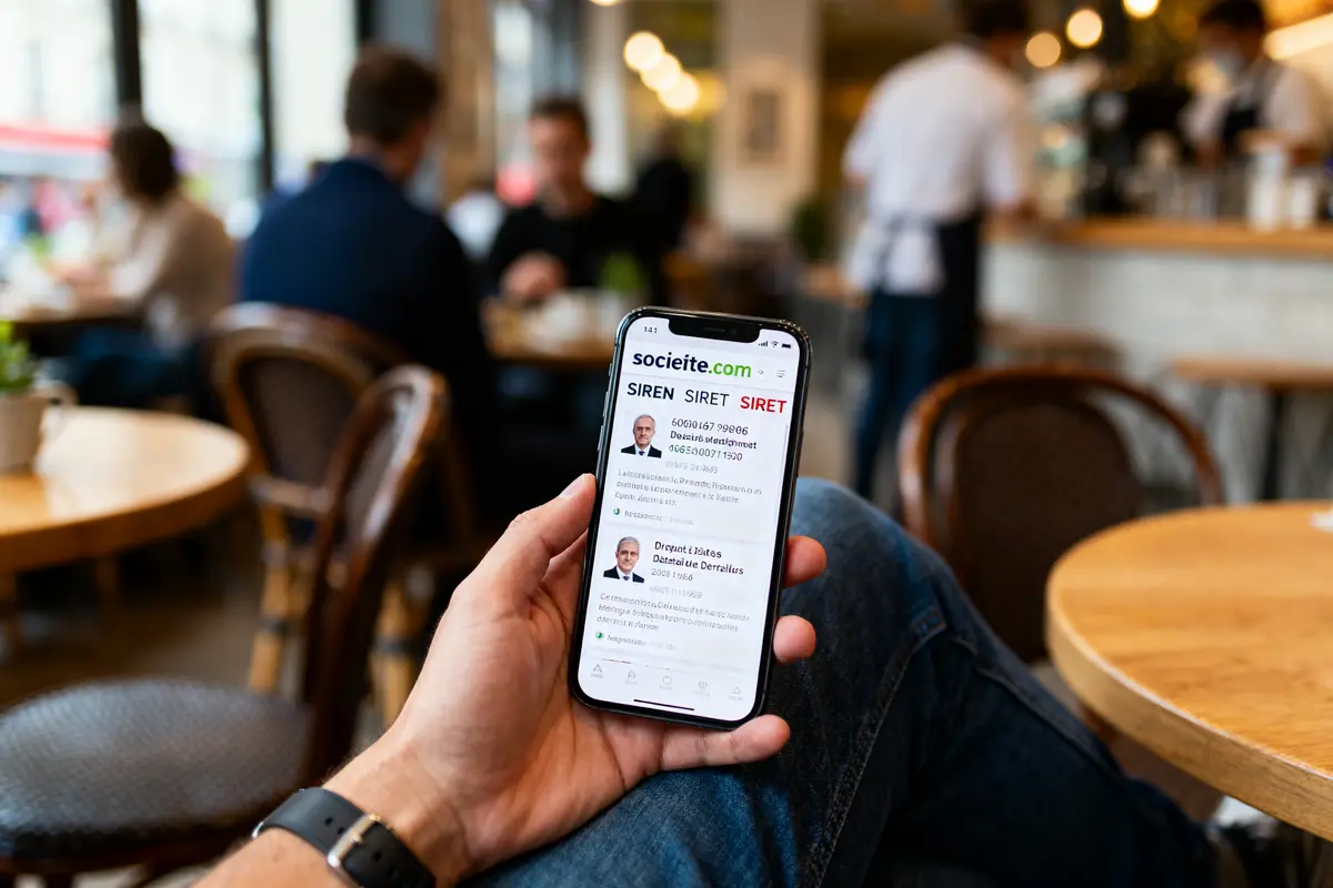 Personne consultant site internet Societe.com sur smartphone dans un café, arrière-plan flou avec clients.