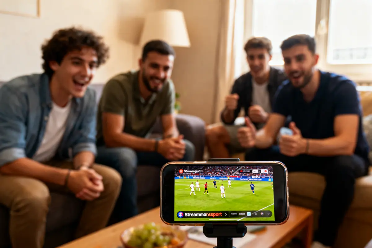Quatre amis regardent un match de football en streaming sur un smartphone, assis sur un canapé.