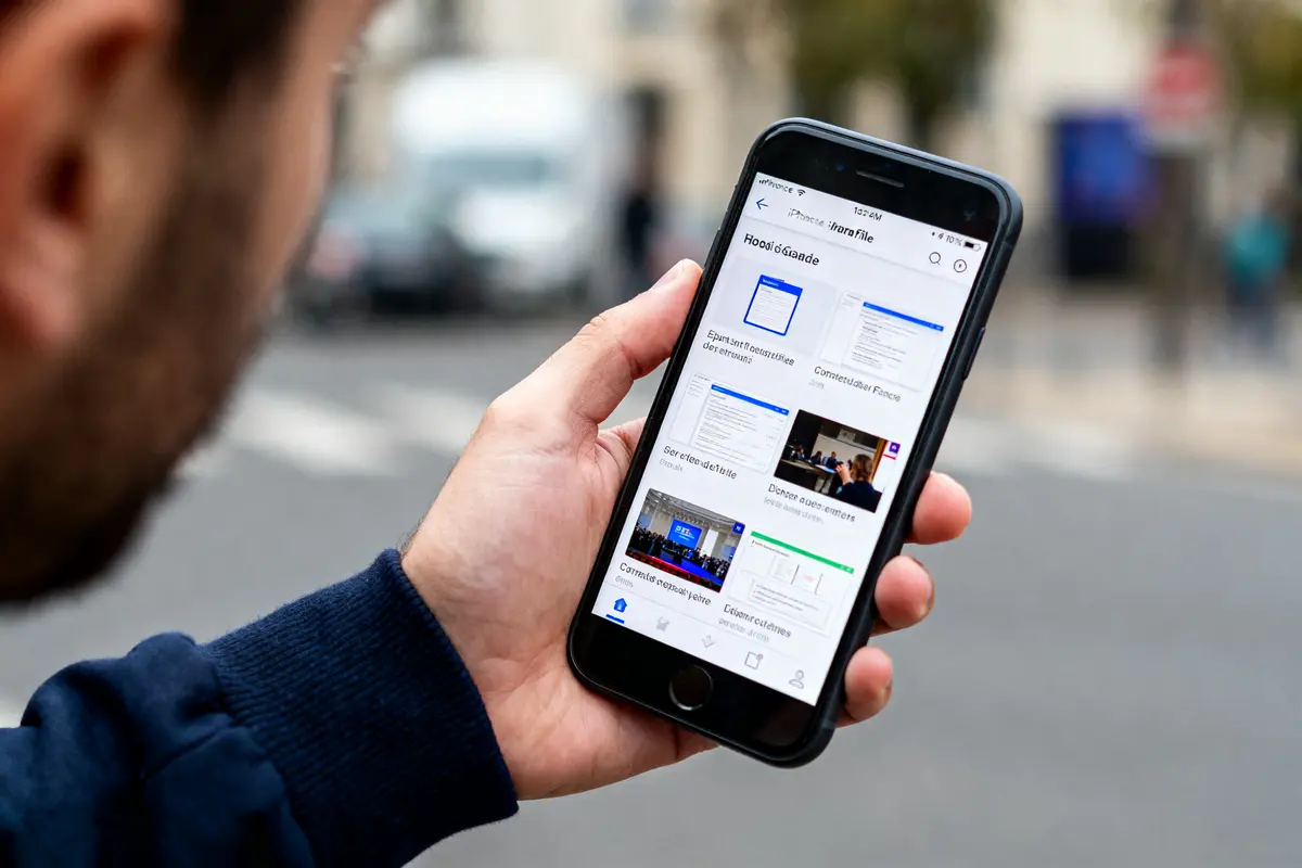 Main tenant un smartphone affichant des fichiers PDF dans une application, avec une rue floue en arrière-plan.
