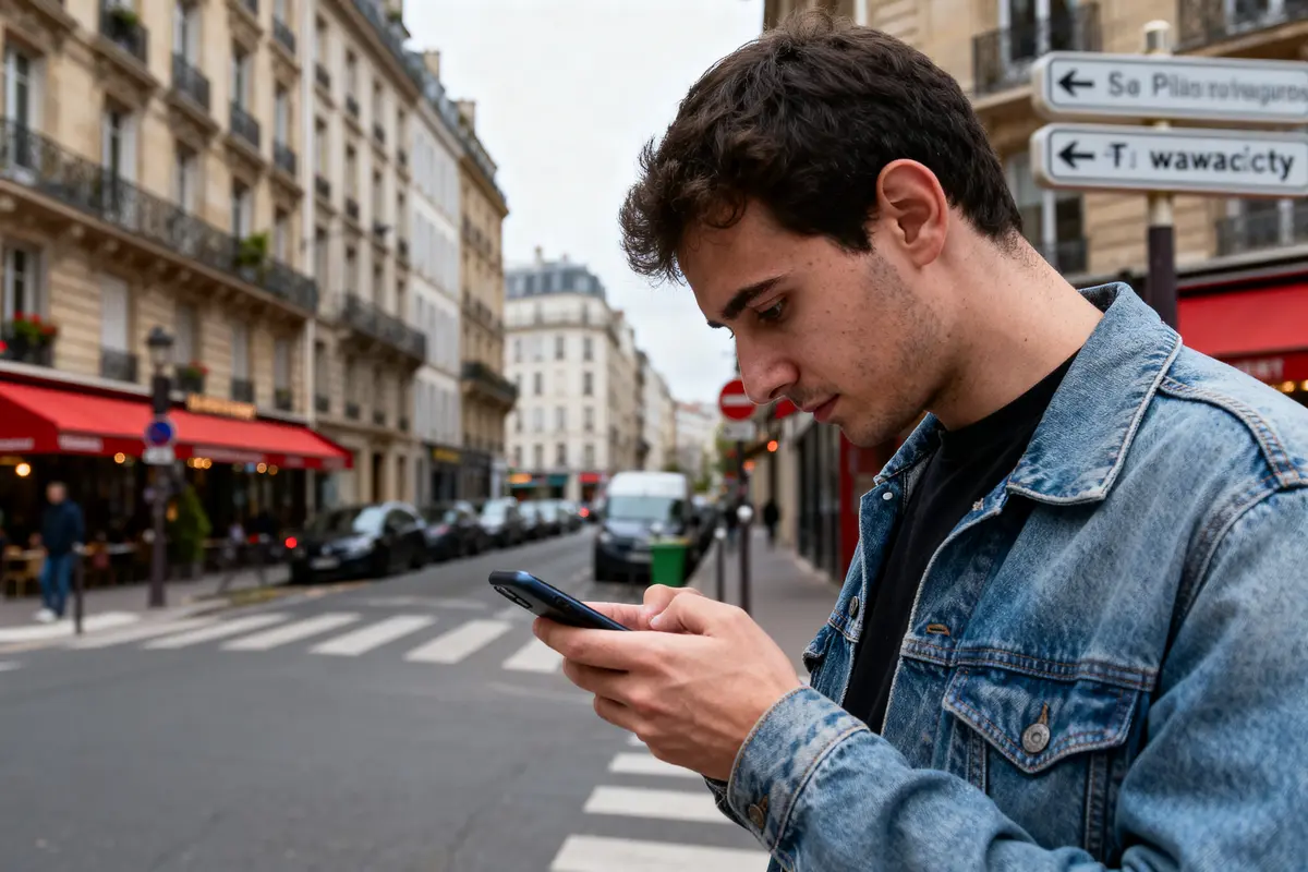 Homme en veste en jean utilisant un smartphone dans une rue parisienne, bâtiments et cafés en arrière-plan.