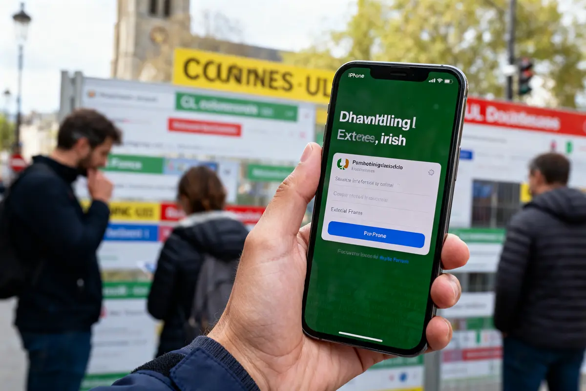 Homme tenant un smartphone devant panneau d'affichage public avec passants flous en arrière-plan.