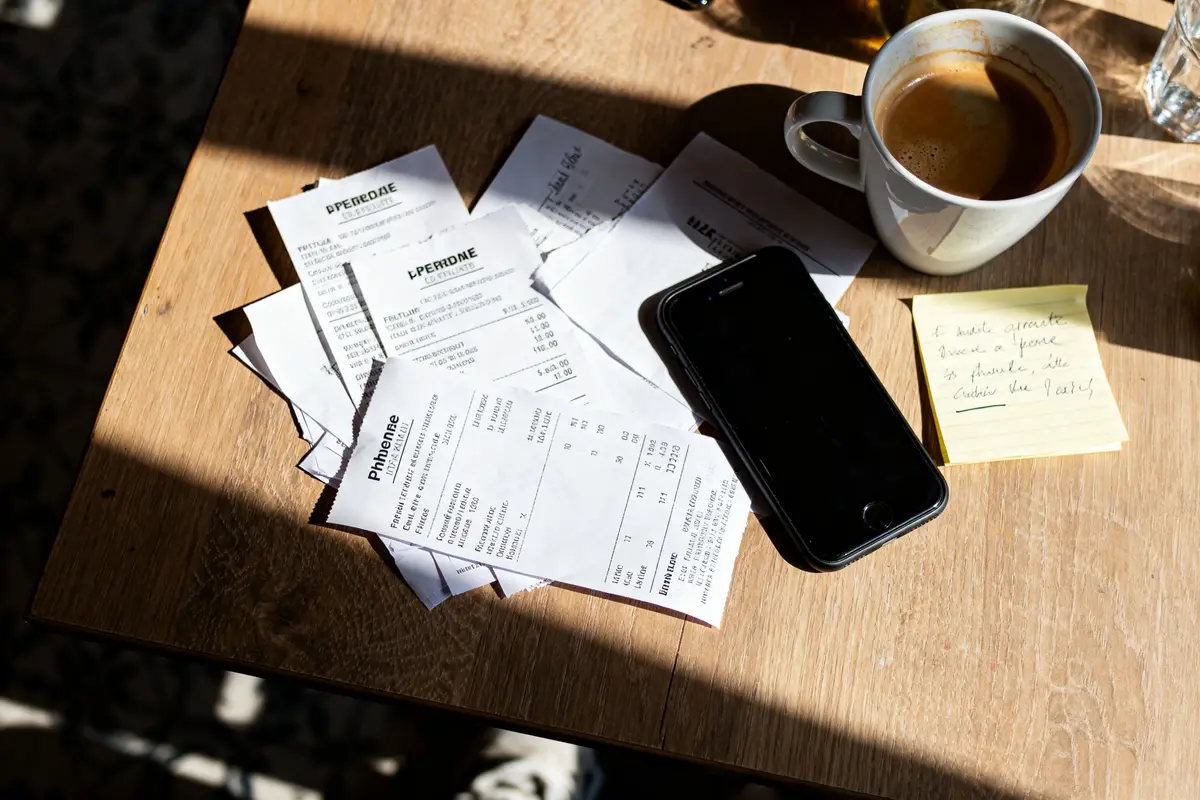 Reçus empilés sur table avec café et smartphone pour calculer 2500 euros brut en net