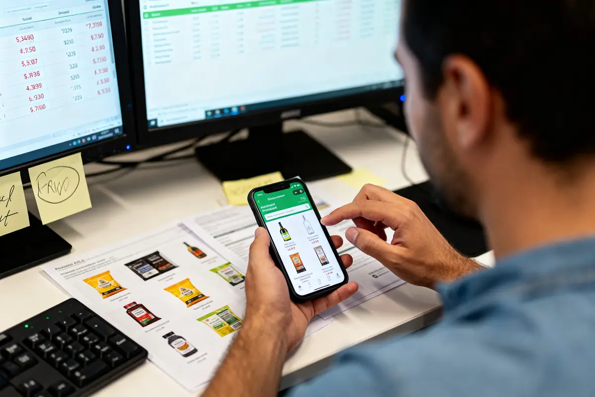 Homme consultant application d'achat AMZ sur smartphone devant deux écrans d'ordinateur et documents.