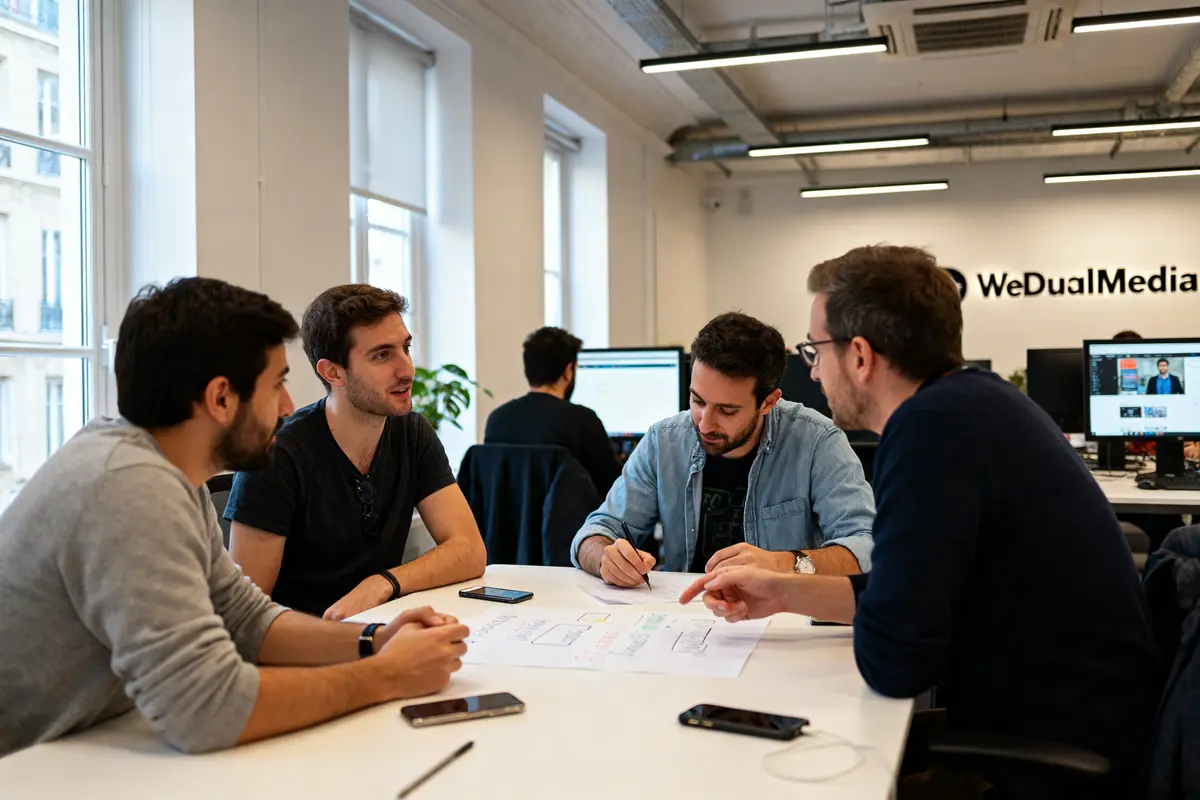 Des collaborateurs discutent autour d'une table à l'agence web DualMedia en réunion stratégique