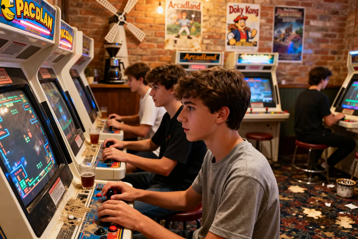 Personnes jouant sur des bornes d'arcade rétro avec affiches Arcadland en fond魅
