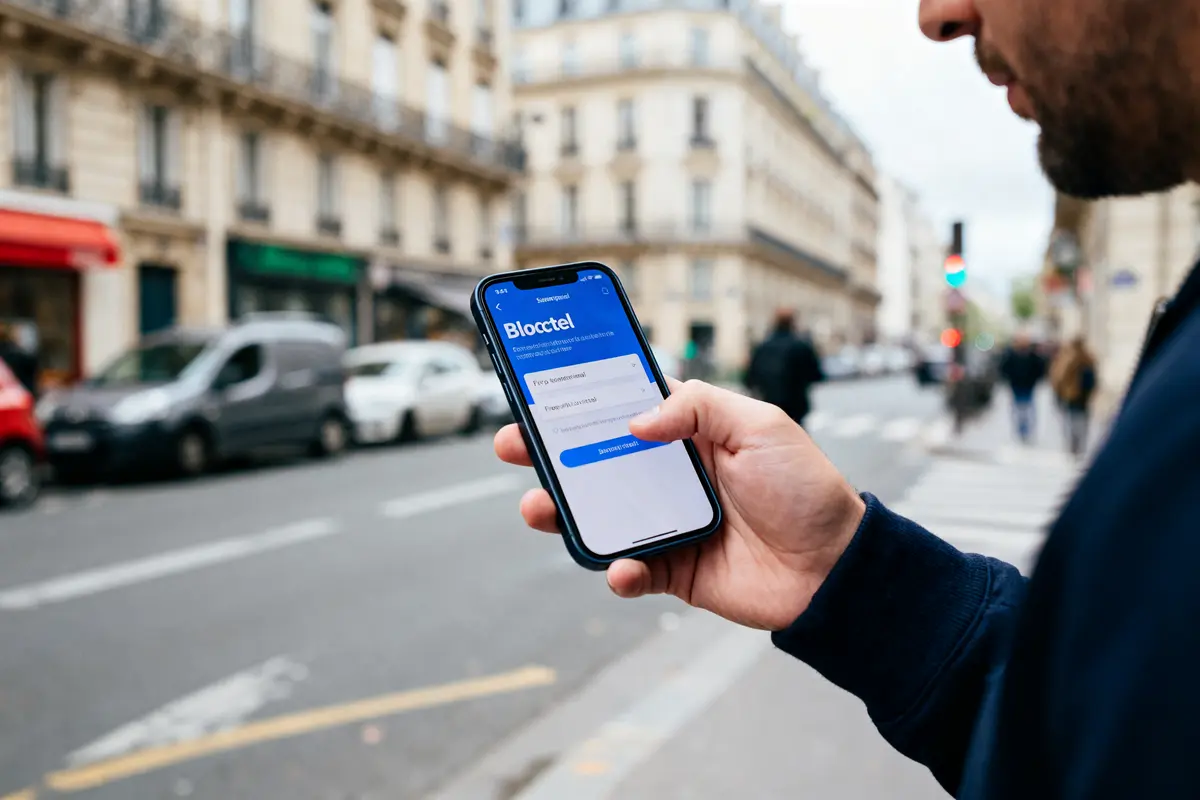 Un homme consulte Bloctel sur son smartphone en ville pour bloquer les appels.