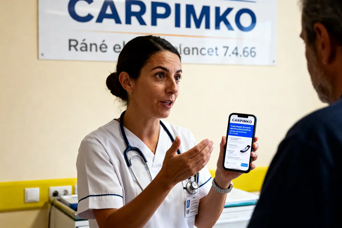 Professionnel de santé expliquant application CARPIMKO sur smartphone à un patient dans un bureau médical